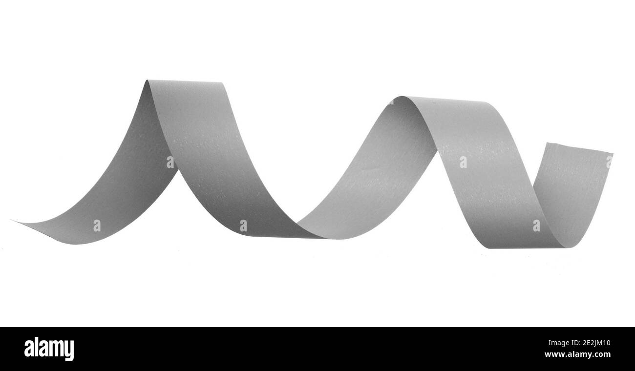 Silver ribbon and roll isolated on white background. Flat lay Stock