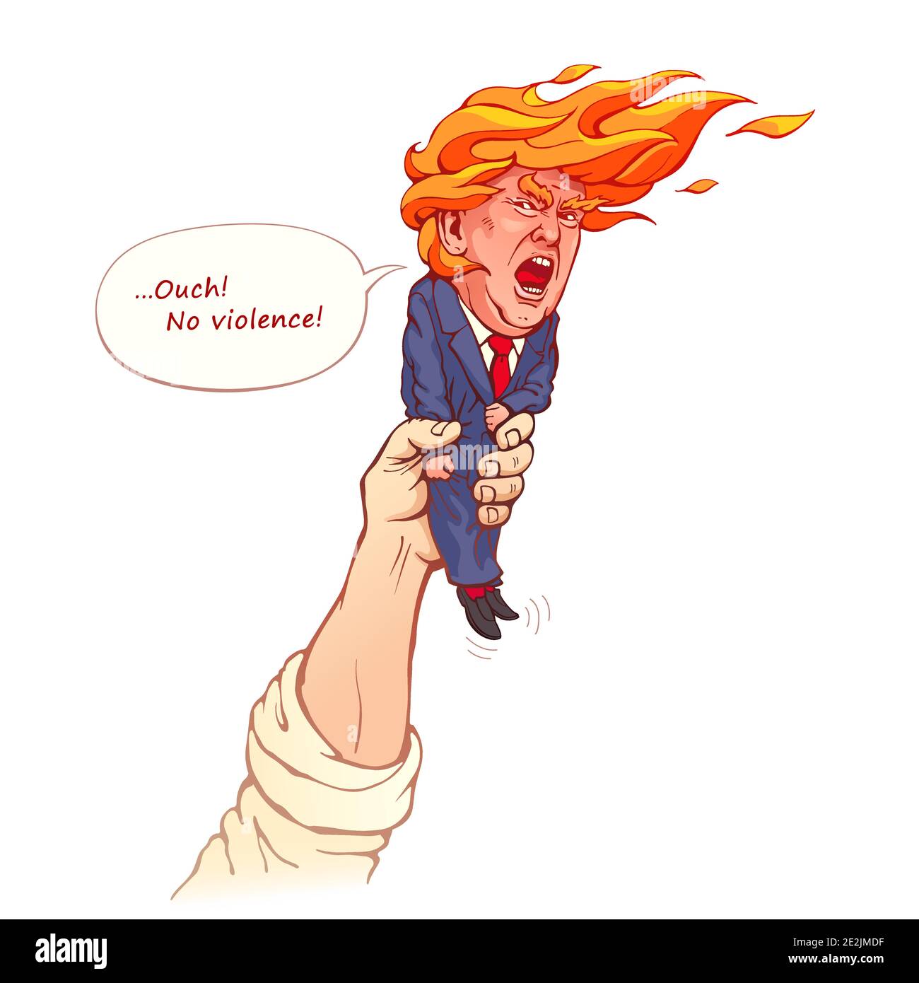 Donald Trump in the form of a flaming torch. Vector political caricature about provoking.Protester's hand holds a figurine of the former US president. Stock Vector