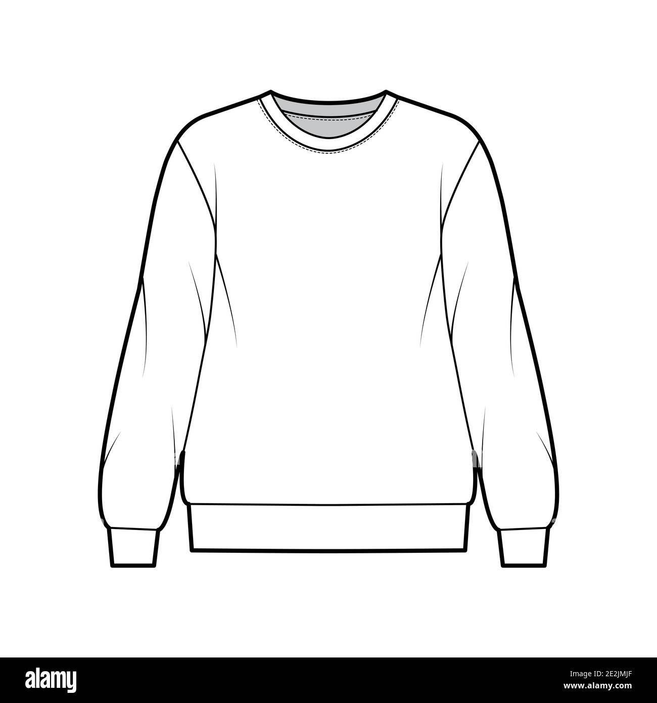 Cotton-terry oversized sweatshirt technical fashion illustration with relaxed fit, crew neckline, long sleeves. Flat outwear jumper apparel template front, white color. Women, men, unisex top CAD Stock Vector