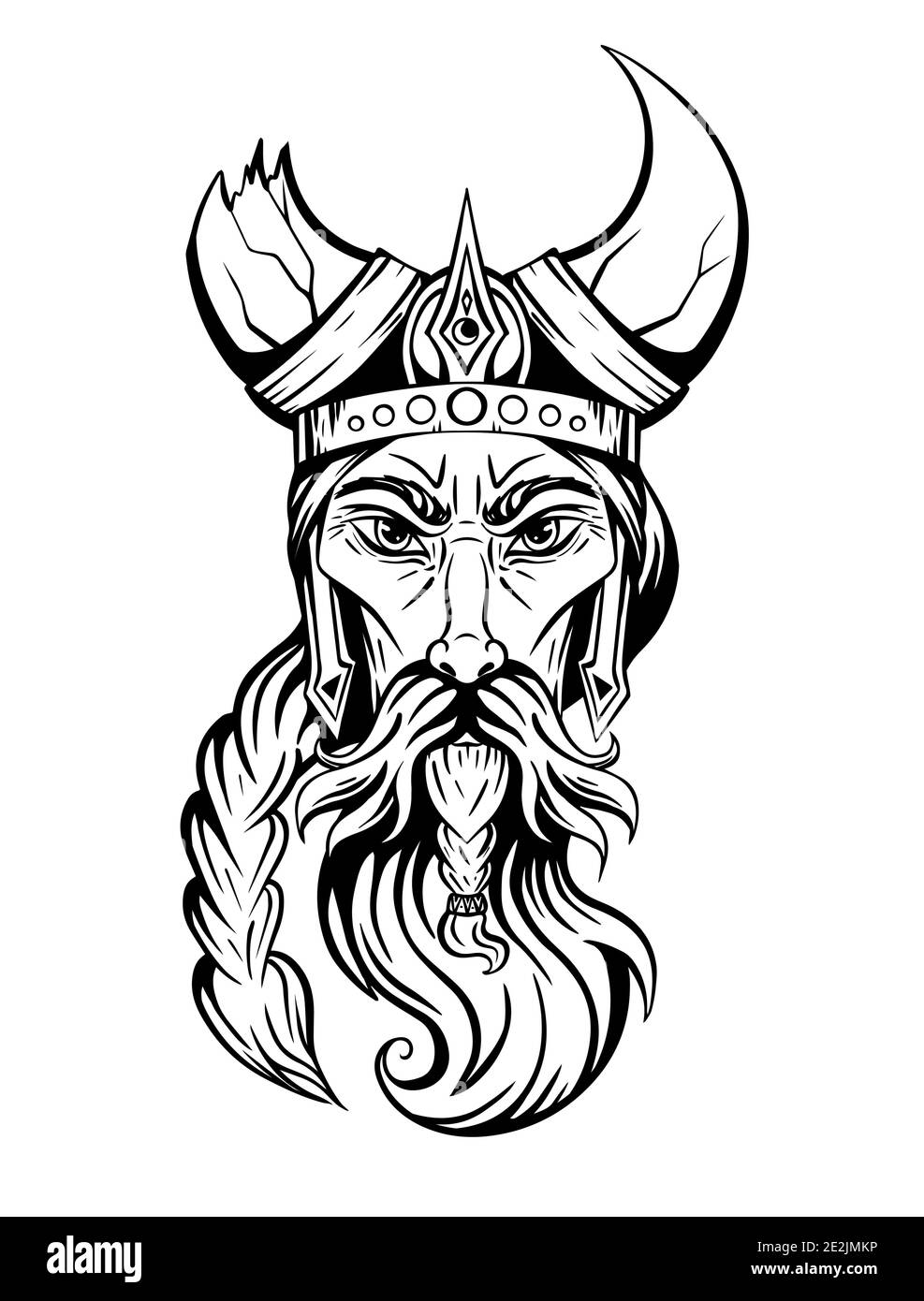 Vector sketch portrait of an ancient viking in a horned helmet. The head of a barbarian warrior with a beard and braid. Ink element for tattoo. Hand-d Stock Vector