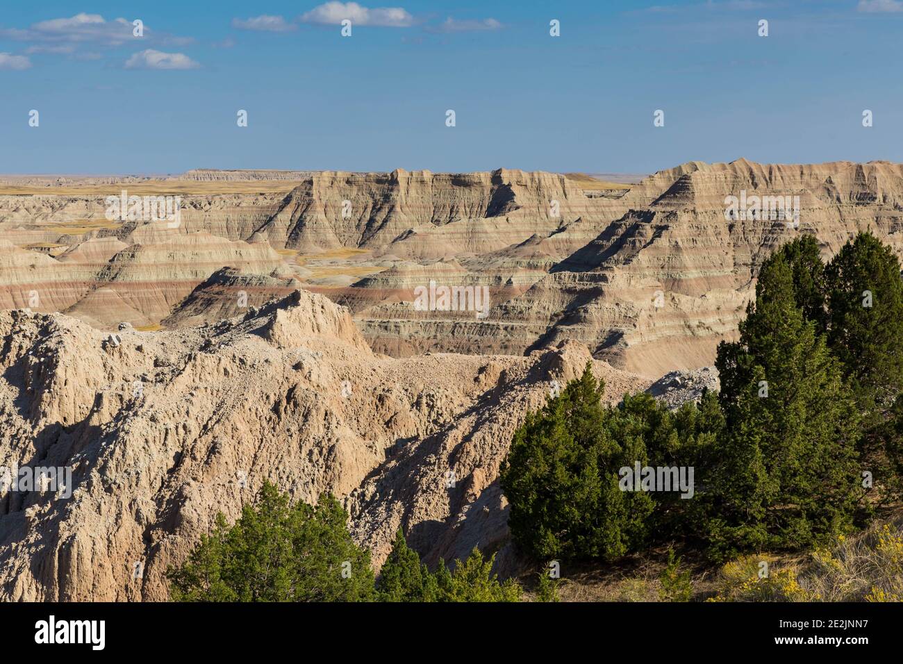 Badlands National Park in South Dakota is considered home to one of the world's richest deposits of mammal fossil beds as well as striking scenery. Stock Photo