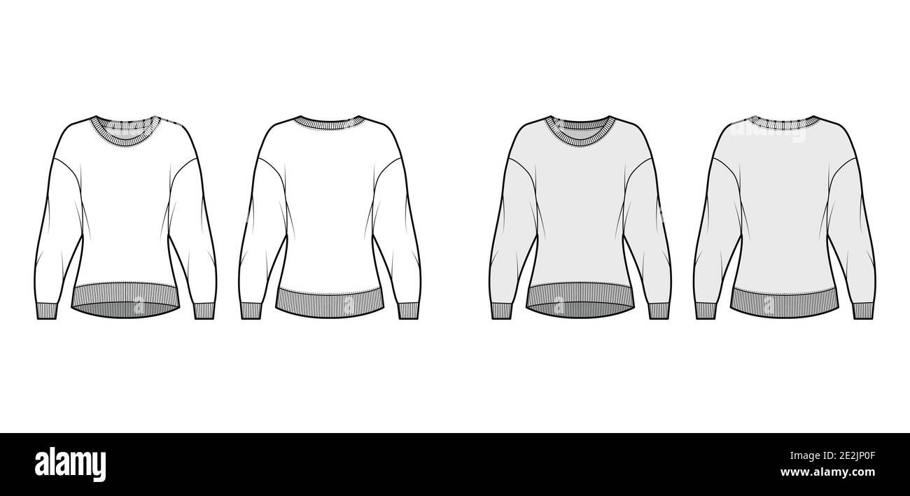 Cotton-terry sweatshirt technical fashion illustration with relaxed fit, crew neckline, long sleeves. Flat outwear jumper apparel template front, back, white, grey color. Women, men, unisex top mockup Stock Vector