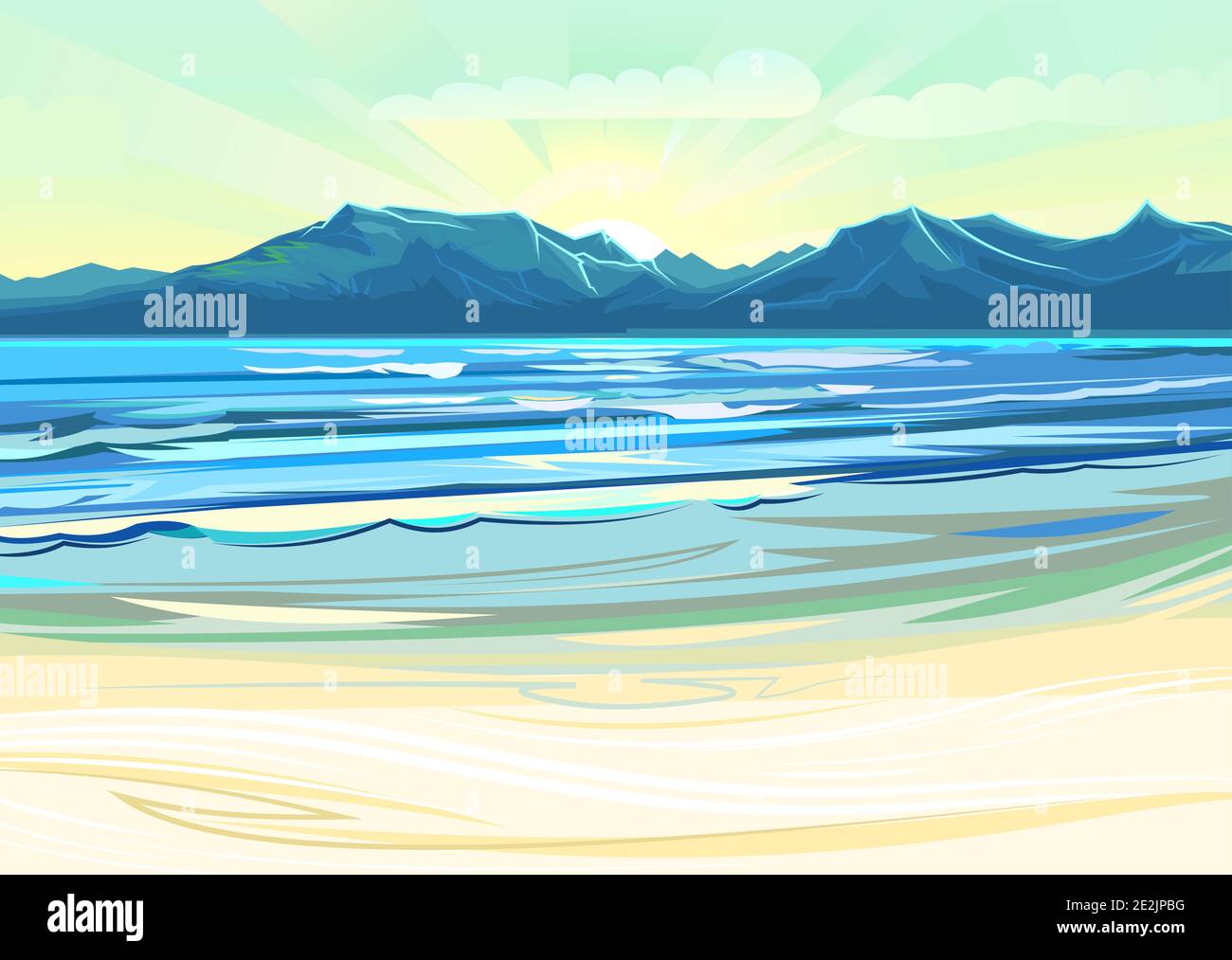 Seaside. Surf line. Sea and waves. On the horizon there is a rocky shore. Flat style illustration. Sand beach. Vector Stock Vector