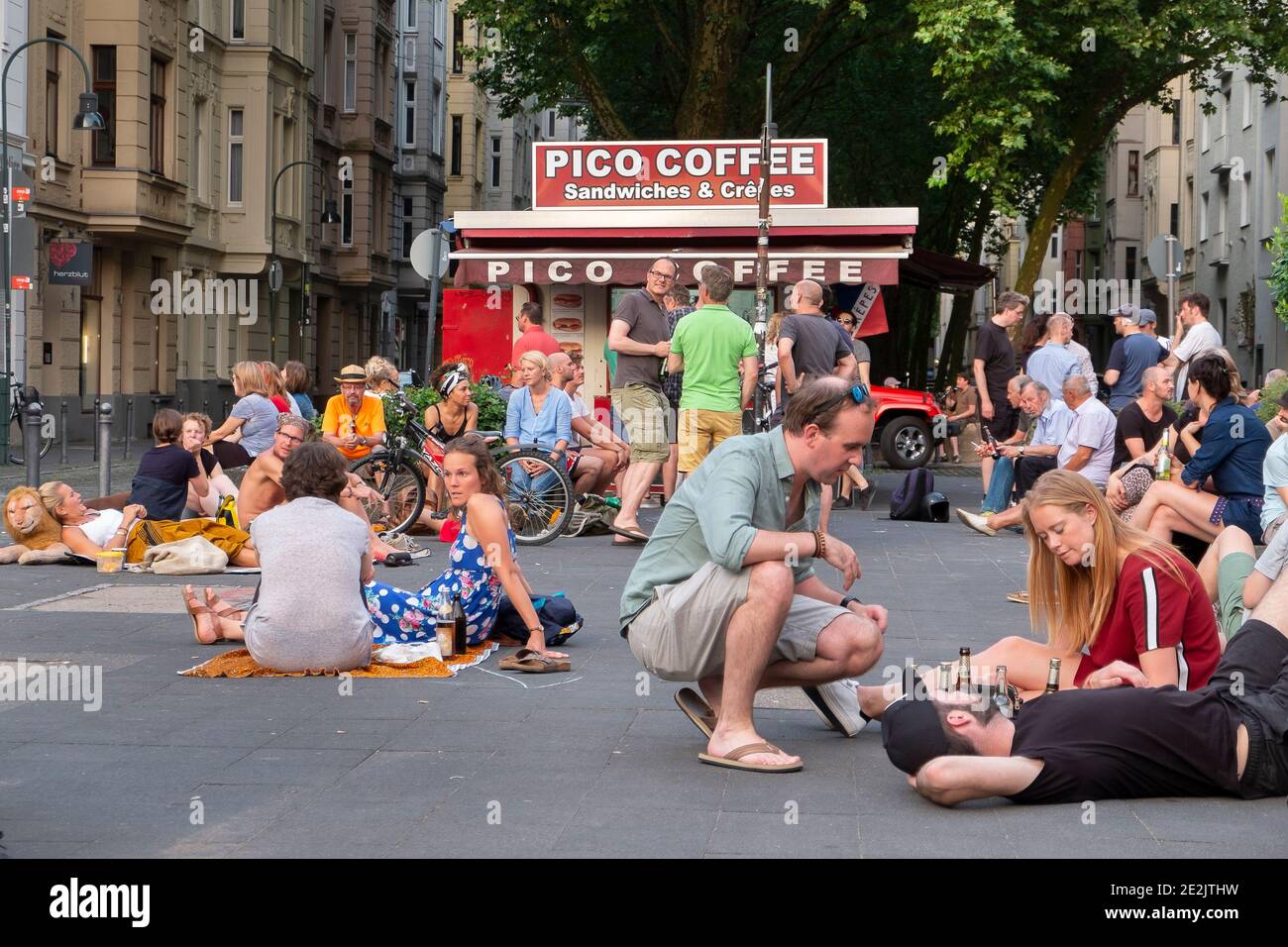 The 'Pico-Buedchen' kiosk on Neusser Platz is an important meeting place for the residents of the Agnes district on nice days. Stock Photo