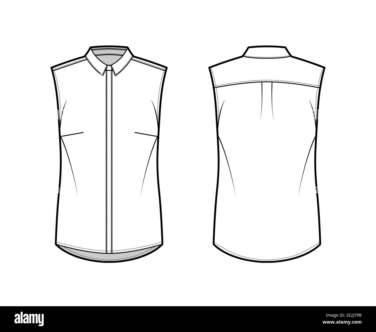 Shirt technical fashion illustration with neat, slim collar, front concealed button fastenings, slightly loose silhouette. Flat apparel template front, back, white color. Women, men unisex top mockup Stock Vector