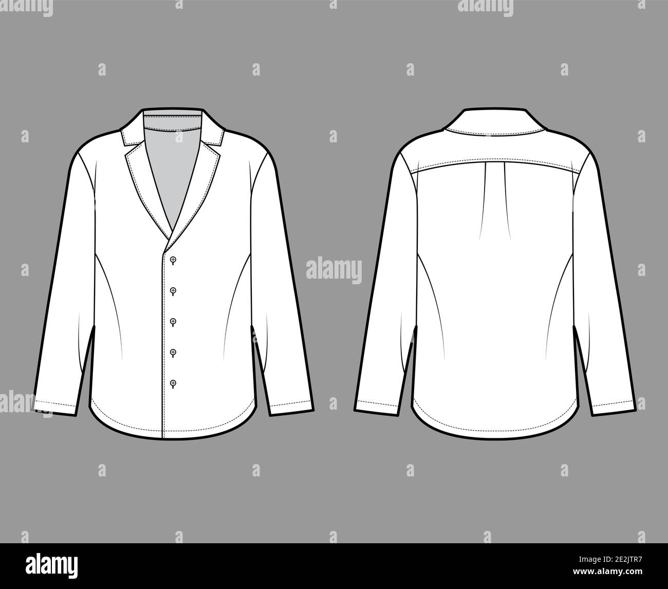 Pajama-style shirt technical fashion illustration with loose silhouette, pointed notch collar, front button fastenings, long sleeves. Flat apparel template front back white color. Women men unisex top Stock Vector