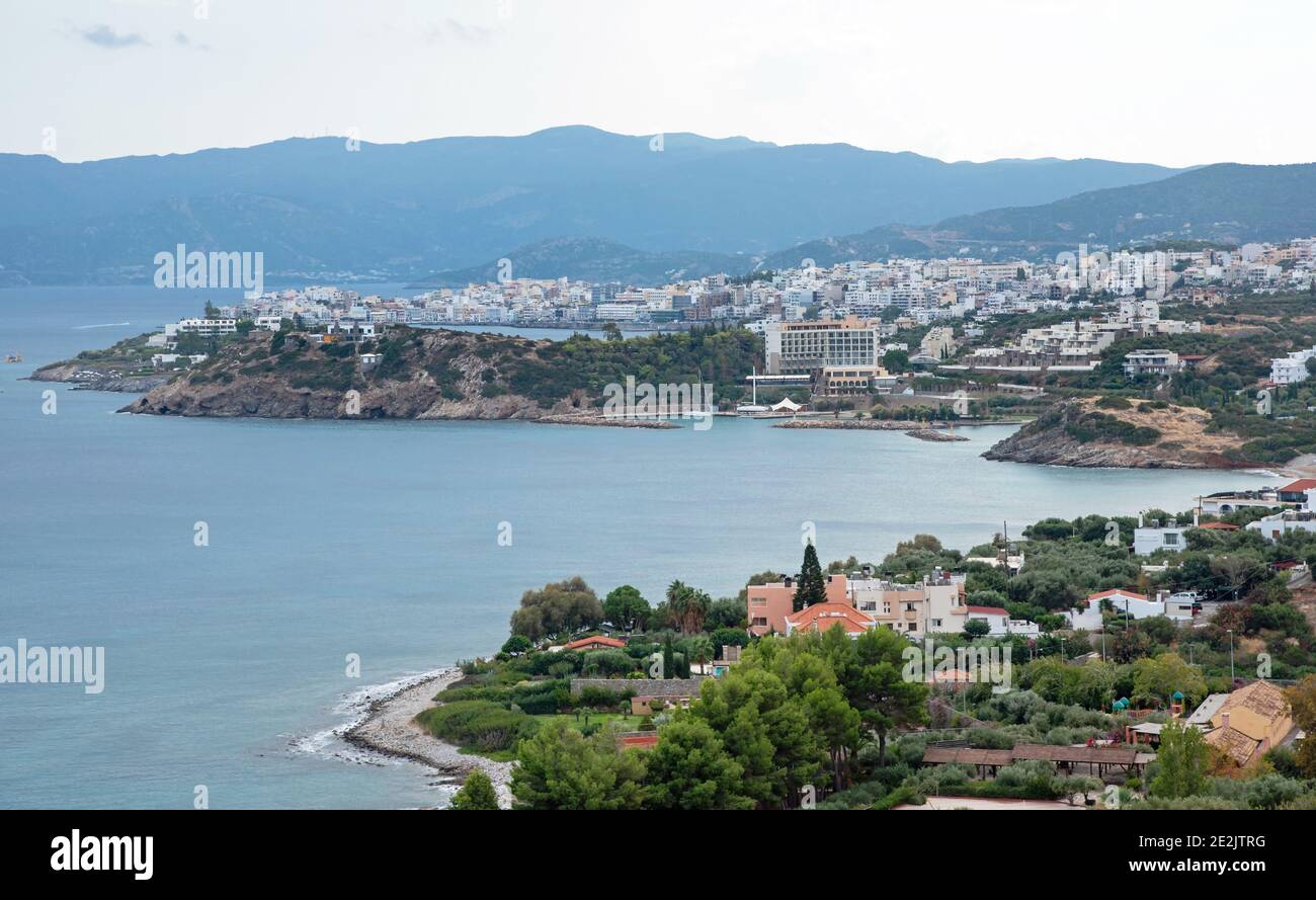 Agios Nikolaos, Crete, Greece 21 October, 2020. View on Agios Nikolaos coastline and Mirabello