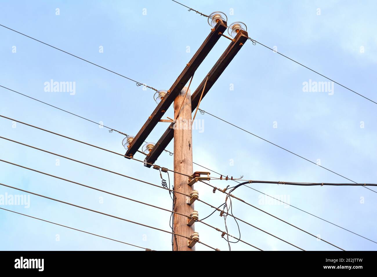 Overhead assorted cable pole Stock Photo - Alamy