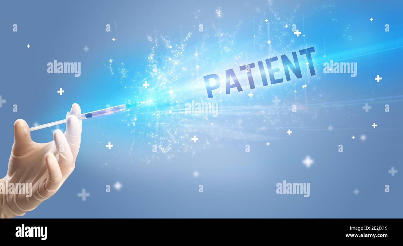Syringe, medical injection in hand with PATIENT inscription, medical ...