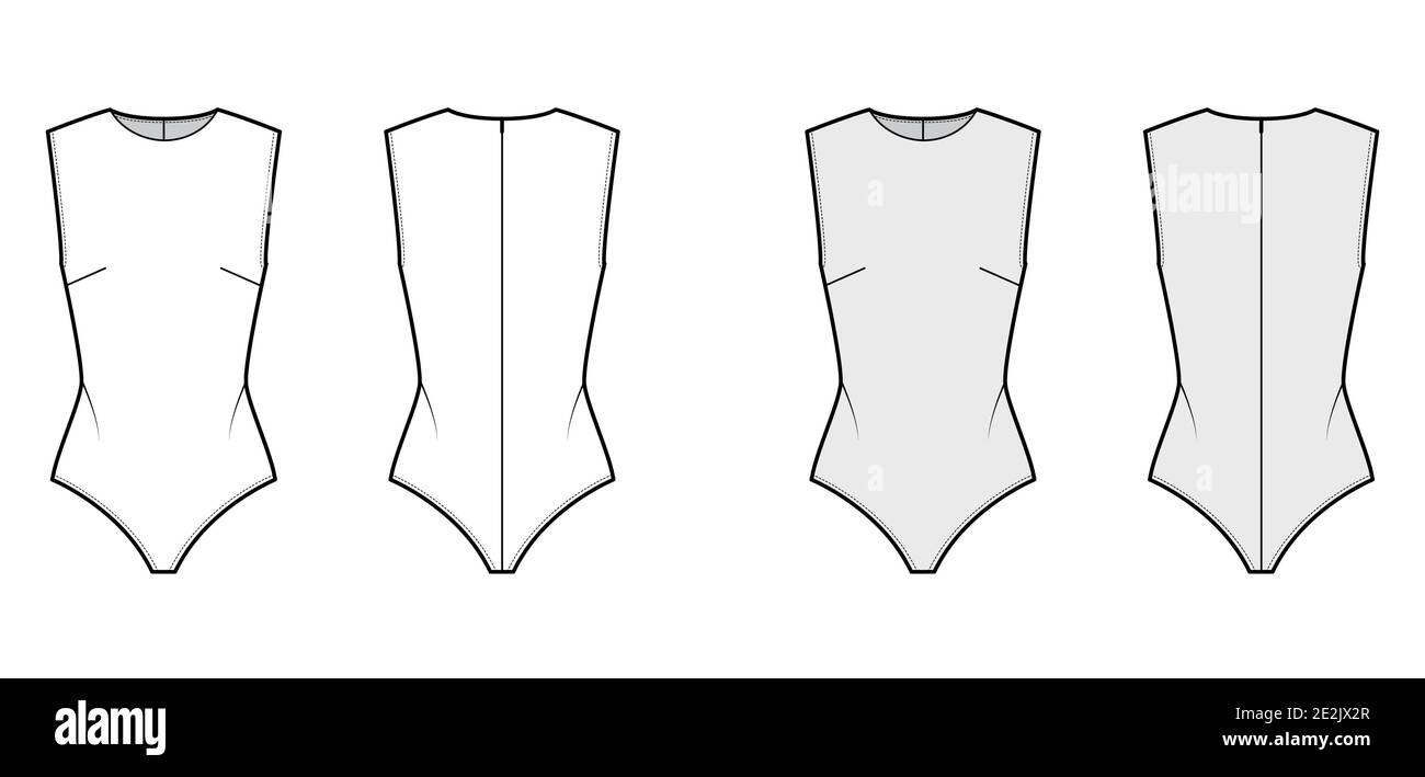 Sleeveless bodysuit technical fashion illustration with round neck, close  fit, snap fastenings at base. Flat outwear one-piece apparel template  front, back, white, grey color. Women men unisex top CAD Stock Vector Image