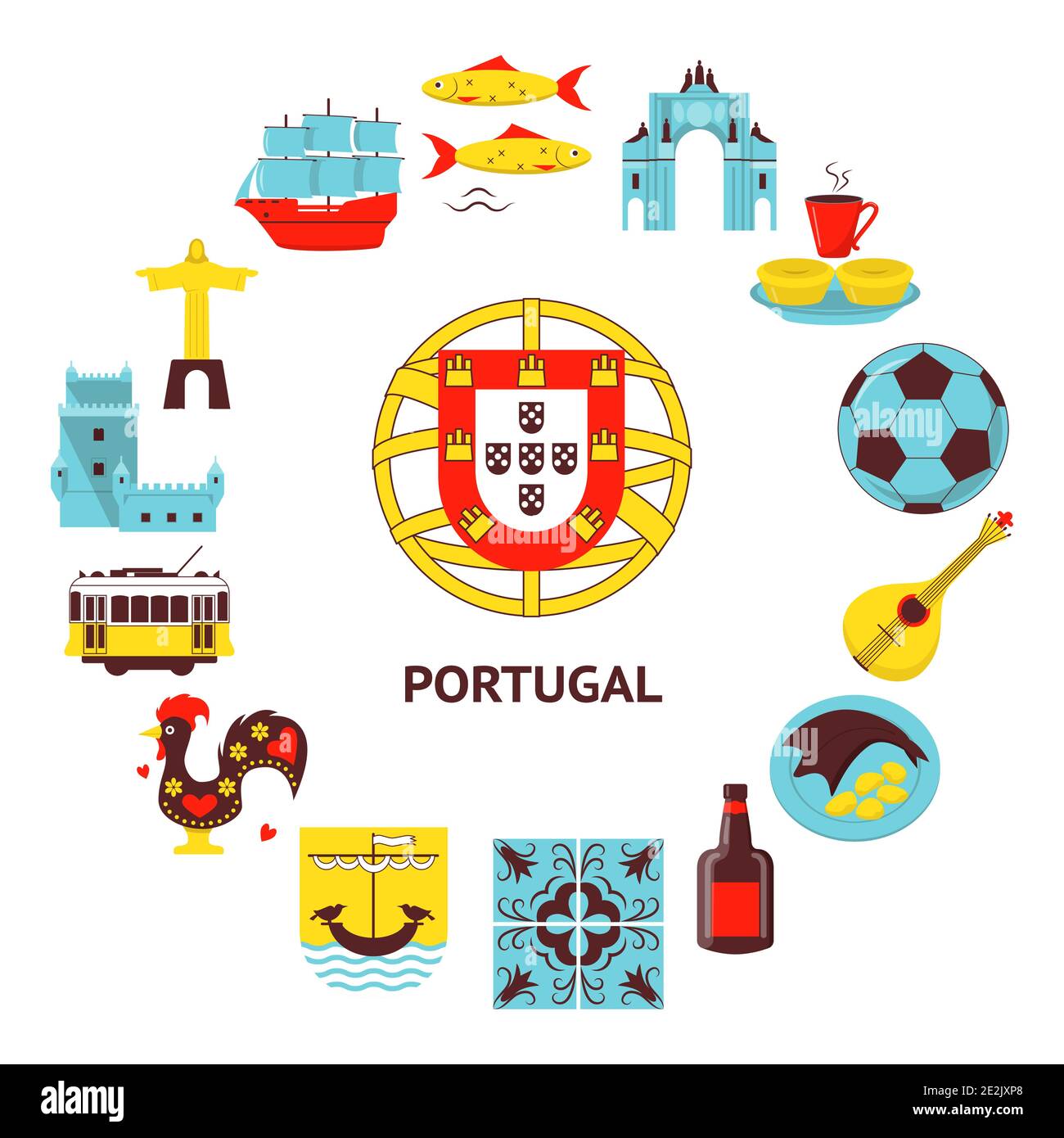 Portugal round concept with icons in flat style. Traditional symbols