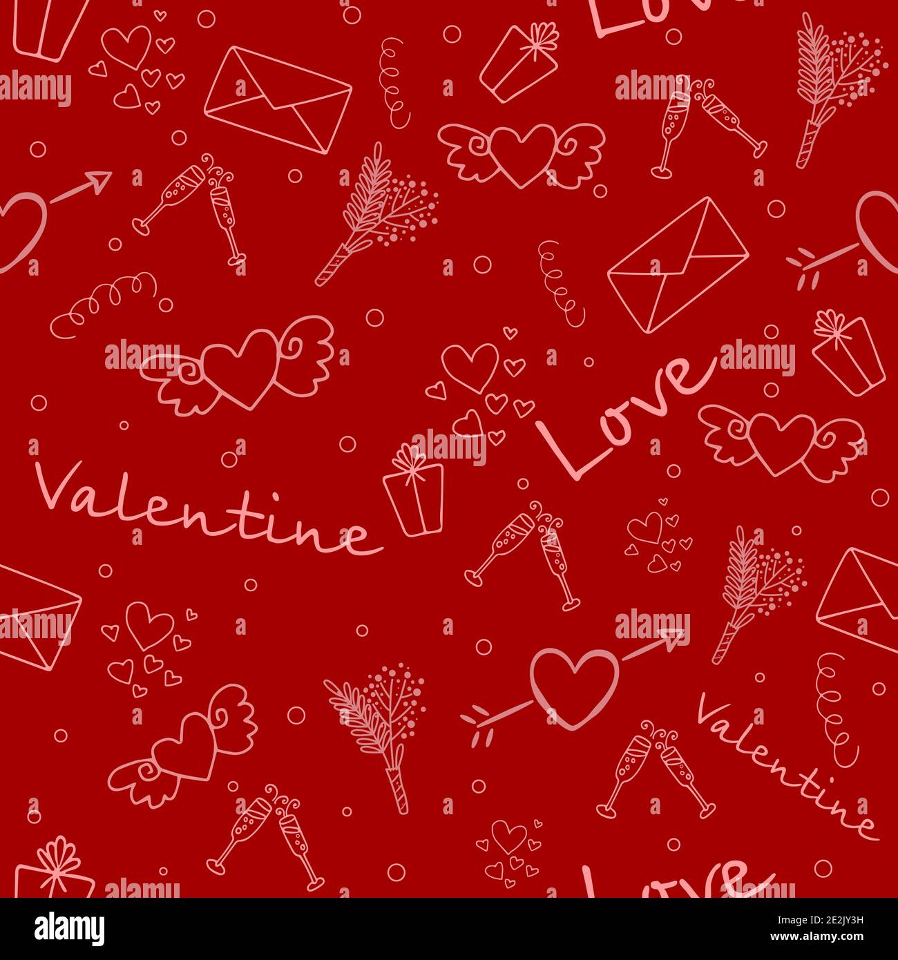Cute valentine's seamless pattern with hearts on red background. Stock Photo