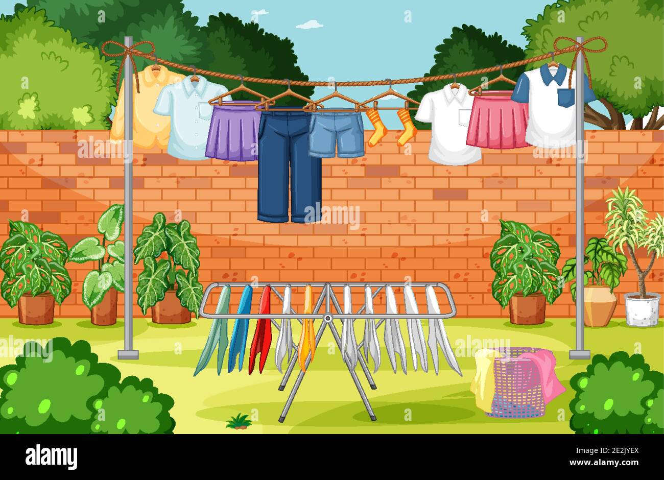 Clothes hanging on line in the yard illustration Stock Vector