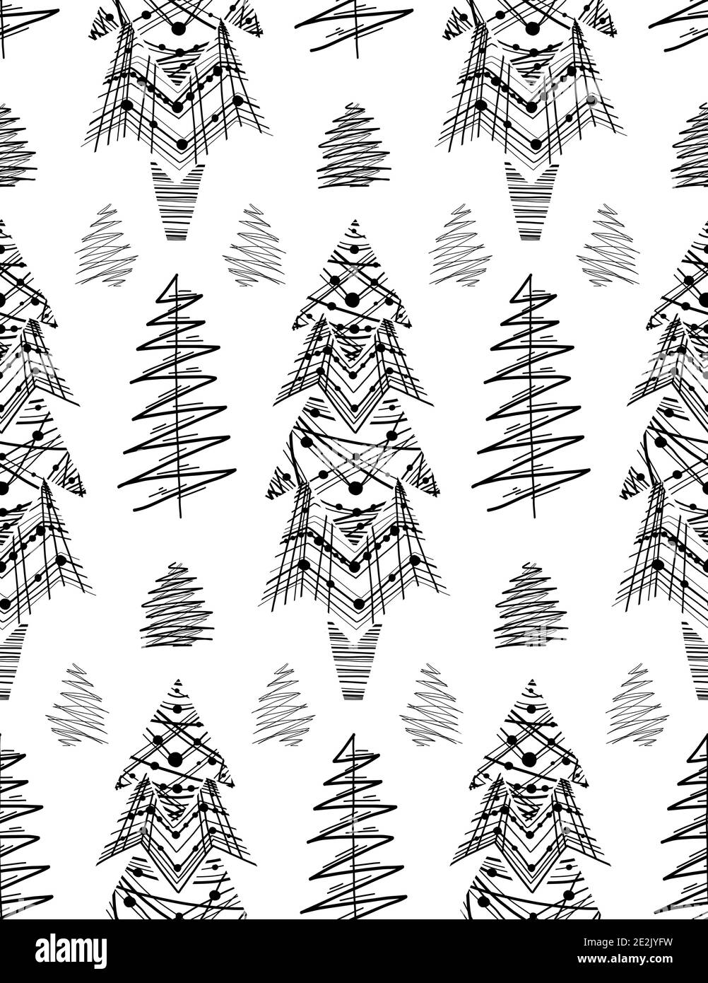 Seamless pattern of various simple lagom fir trees with hatching and strokes. Hand drawn Christmas trees. Vector festive ink texture for fabrics, wrap Stock Vector