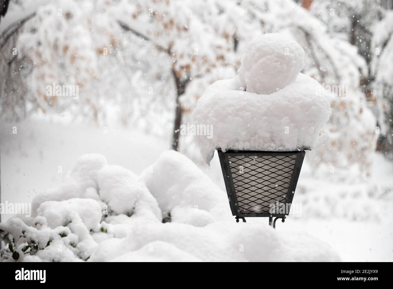 Historic snowfall in Madrid, Spain in January 2021. Snow covered street
