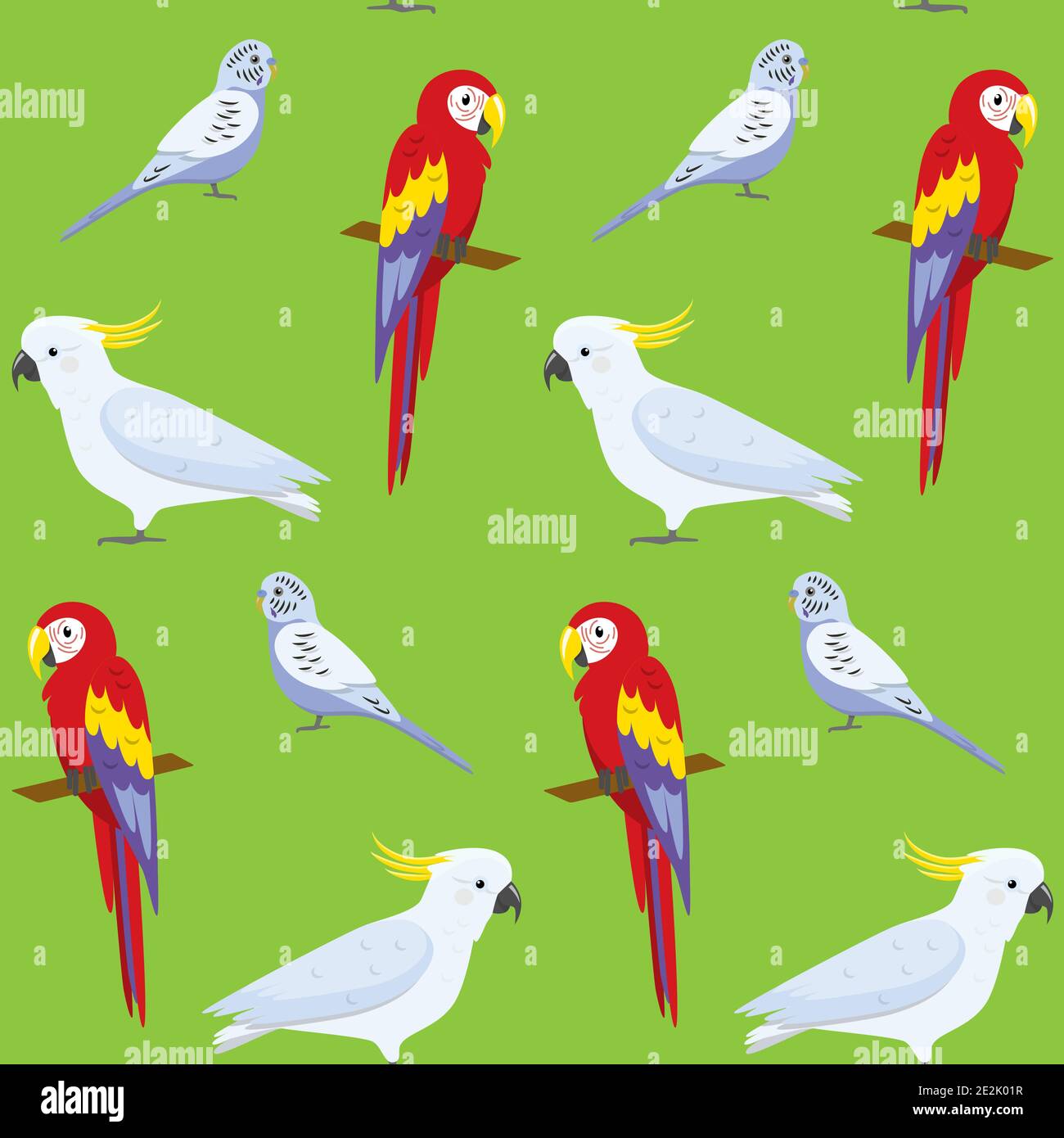 Bright seamless pattern with parrots - macaw, cockatoo and budgerigar. Repeating background with tropical birds. Stock Vector