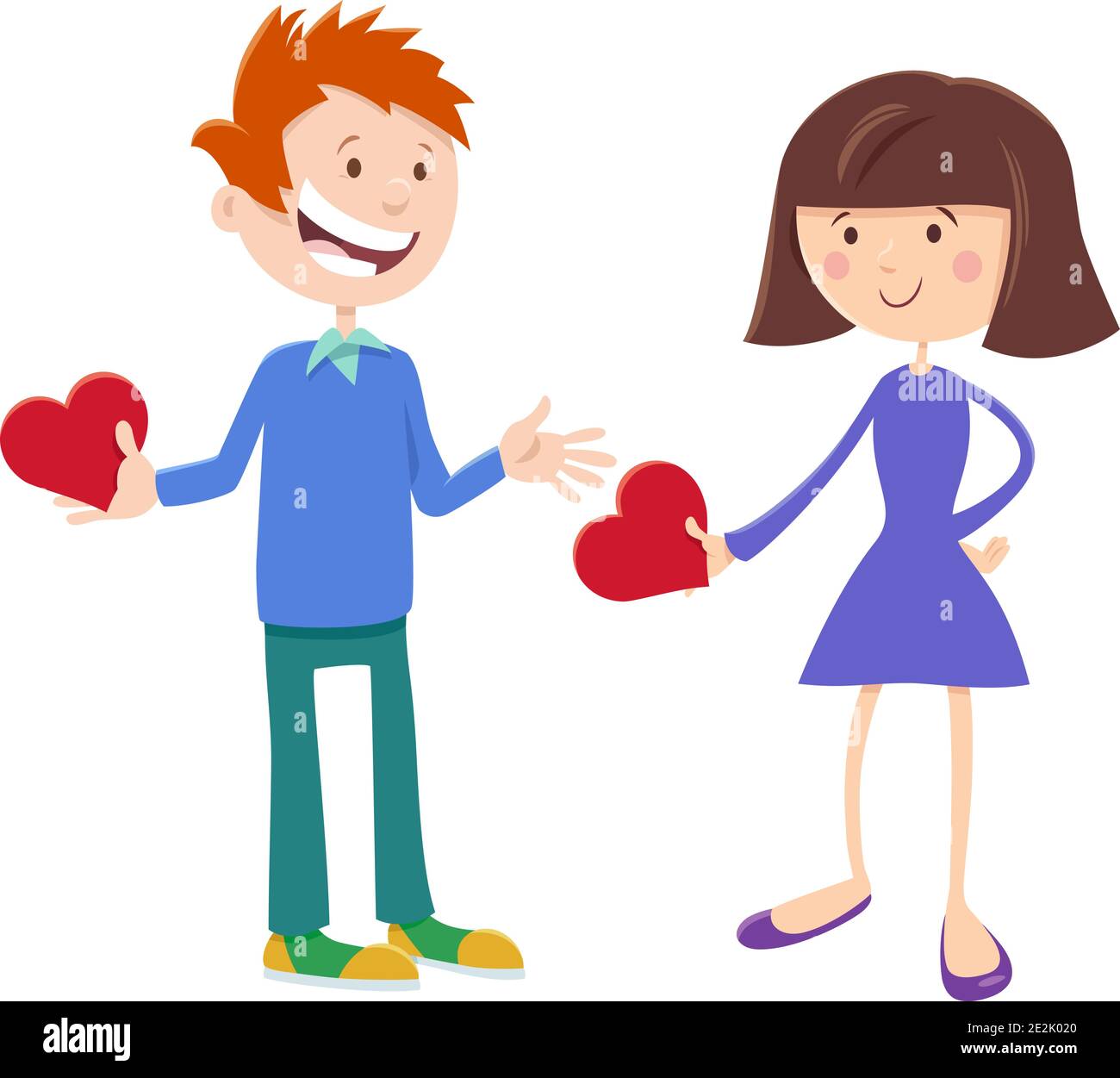 Greeting card cartoon illustration with girl and boy characters with ...