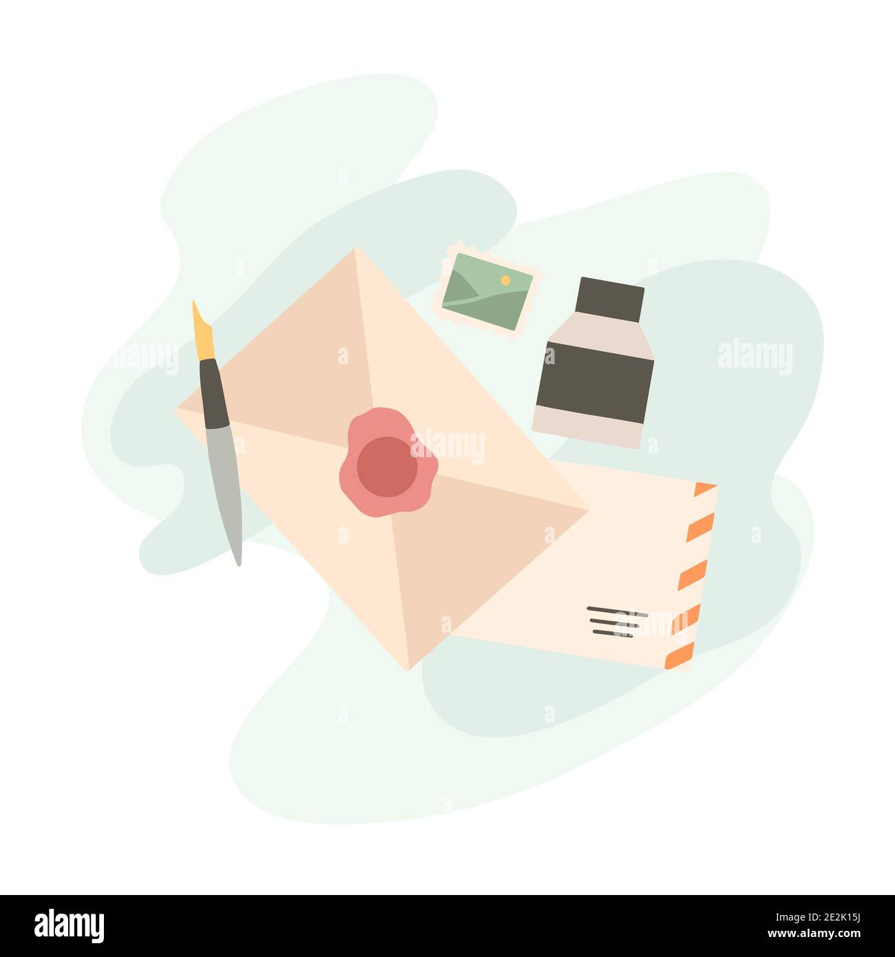 Hand drawn flat illustration of paper envelopes, marks, ink bottle and pen on abstract background. Old mail delivery. Letters and Correspondence. Vect Stock Vector