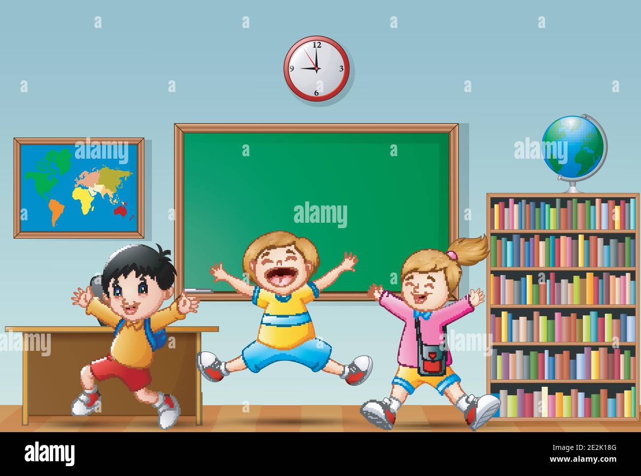 Happy school kids cartoon jumping in a classroom Stock Vector Image & Art -  Alamy