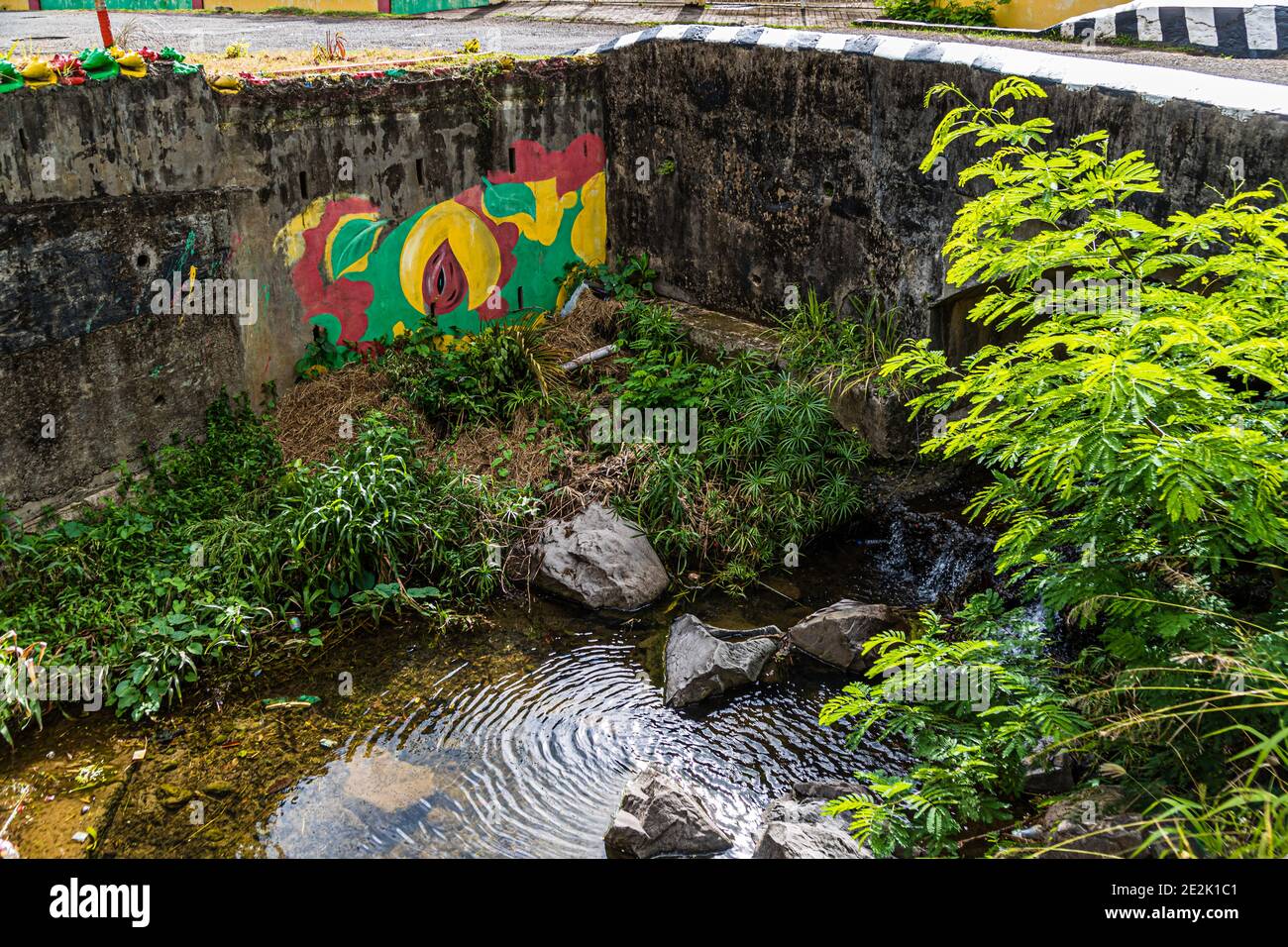 Wall painting with nutmeg motif painted with the national colors of Grenada in Moya, Grenada Stock Photo