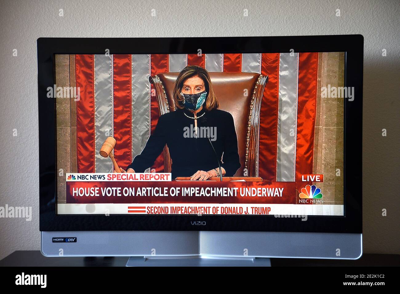 Nancy Pelosi, U.S. Speaker of the House, presides over the vote to impeach President Donald Trump a second time. Stock Photo