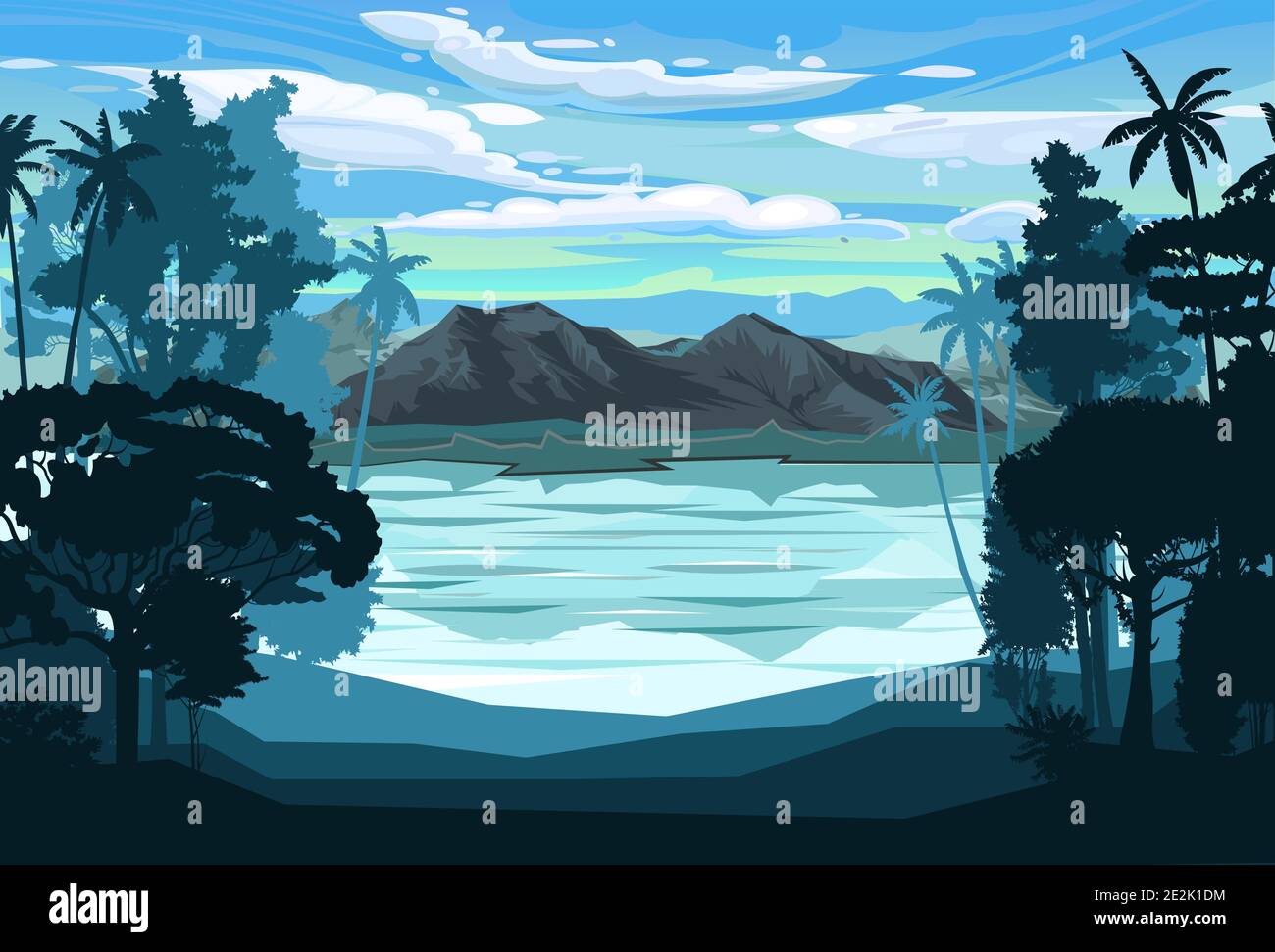 Mountain landscape. Mountain view through jungle and palms, rainforest. Silhouette. Lake, sea bay. Mountains, rocks on the horizon. Sky with clouds Stock Vector