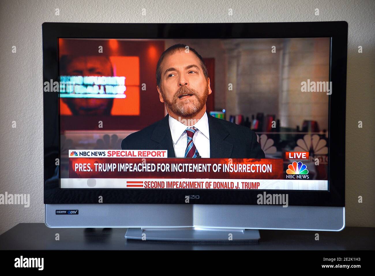 A television screen shot shows NBC Political Director Chuck Todd reacting to U.S. President Donald Trump's second impeachment. Stock Photo