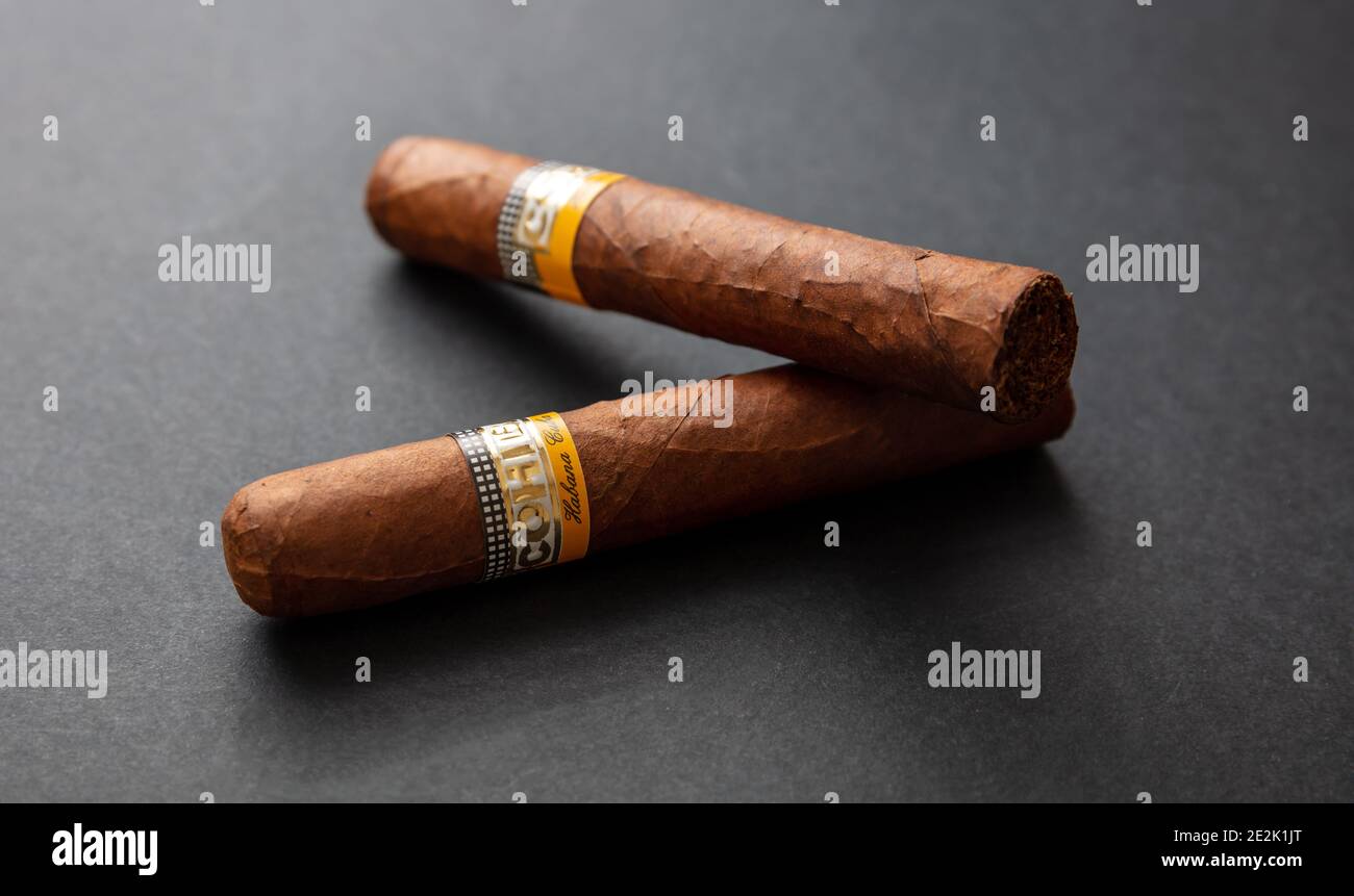 Athens Greece, December 30, 2020. Cohiba Cigars. Cuban premium quality robustos isolated on black background, closeup view Stock Photo
