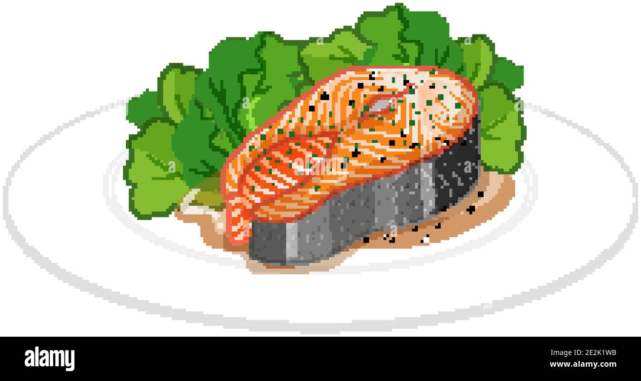 Salmon Steak on a plate isolated on white background illustration Stock ...