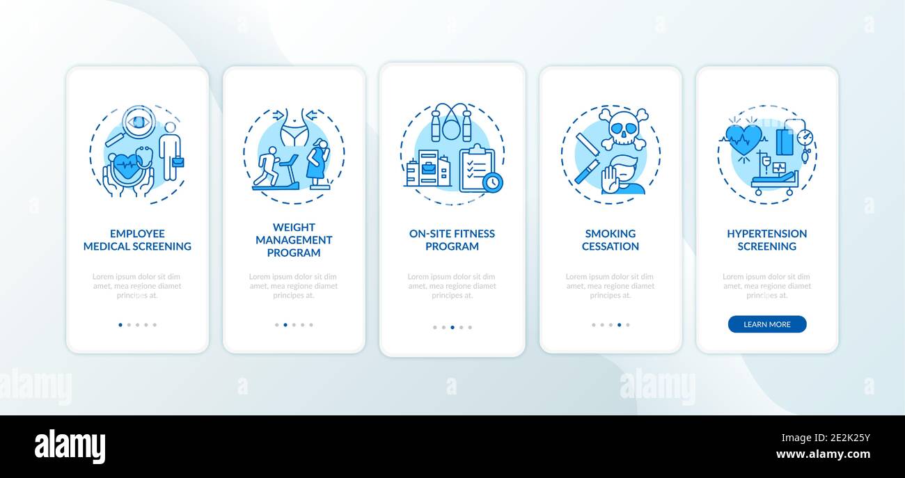 Workspace wellness programs onboarding mobile app page screen with concepts Stock Vector