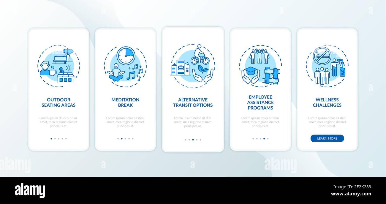 Workspace wellness practices onboarding mobile app page screen with concepts Stock Vector