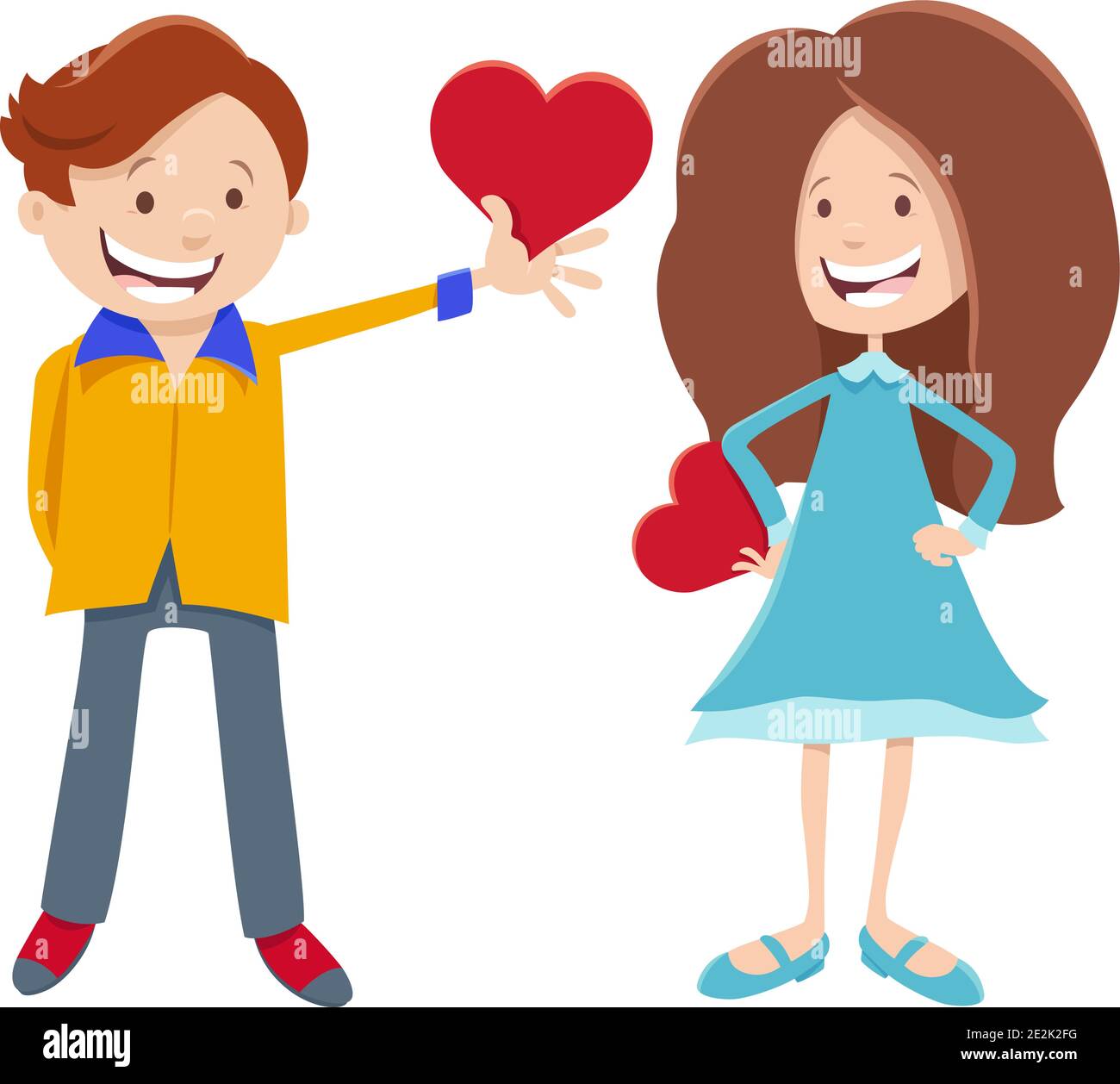Greeting card cartoon illustration with girl and boy characters with ...