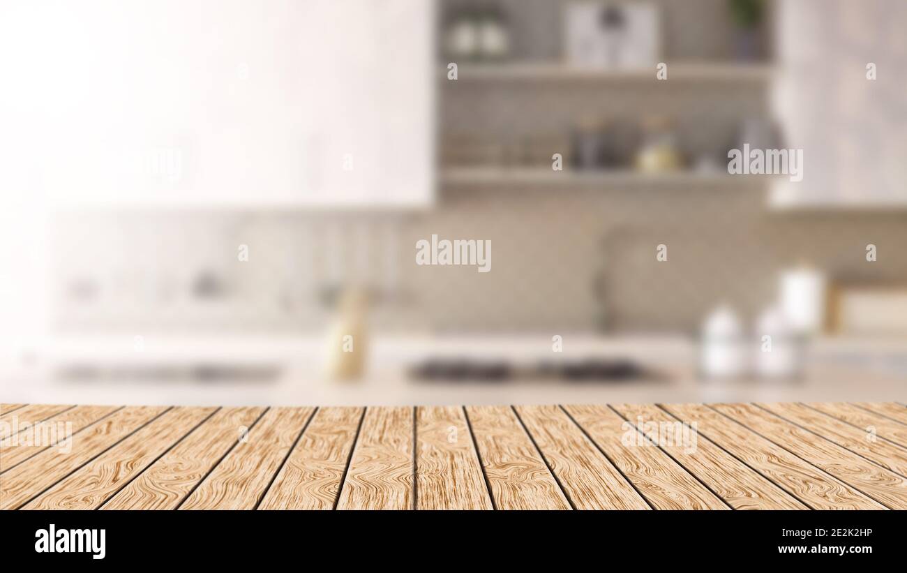 Blurred kitchen with space for food product display. Empty wooden table in the kitchen. Horizontal 3d illustration with copy space. Hardwood counter Stock Photo