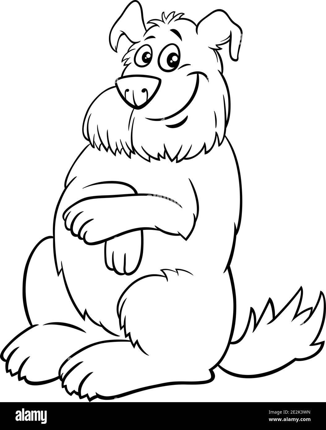 Black and white cartoon illustration of happy shaggy dog comic animal ...