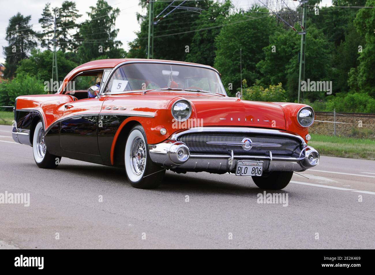 Vasteras, Sweden - July 5, 2013: One red 1957 Buick Riviera during the Big meet event. Stock Photo
