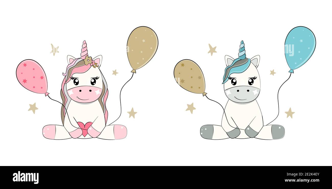 Cute unicorns boy and girl. Birthday party, baby shower. Vector ...