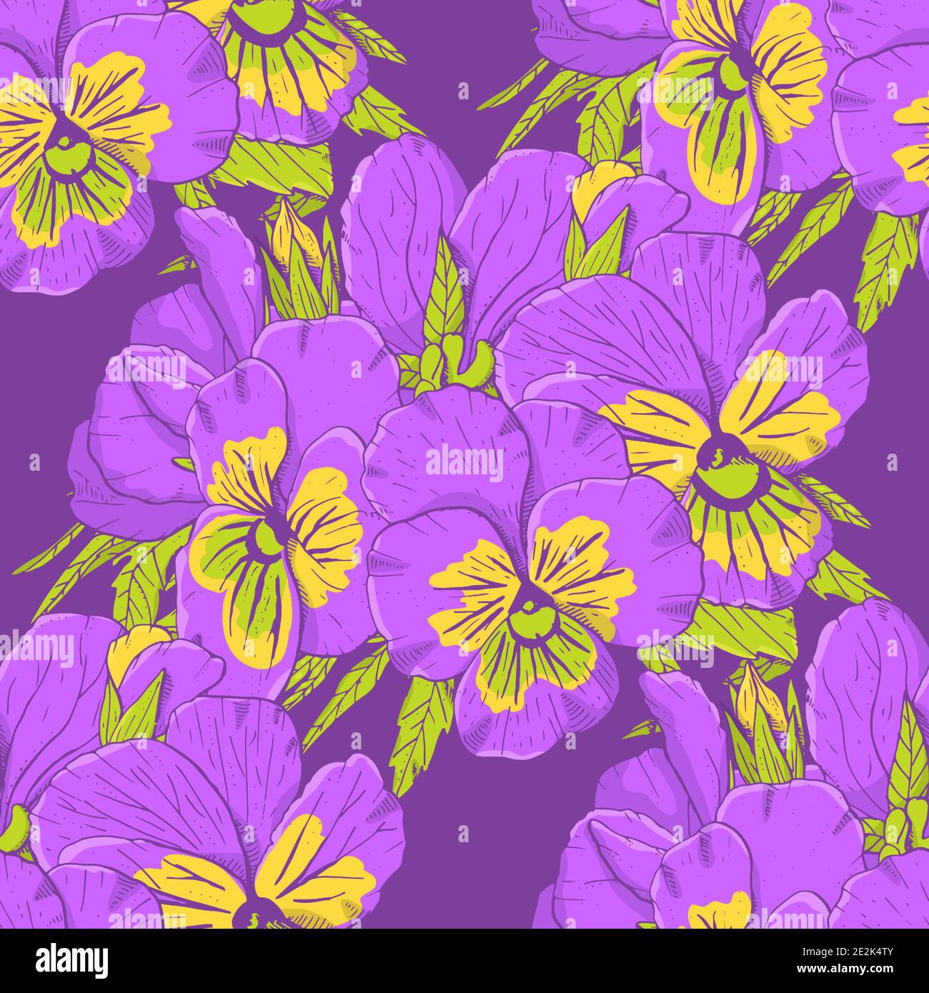 Colorful floral seamless pattern with hand drawn pansy flowers on ...