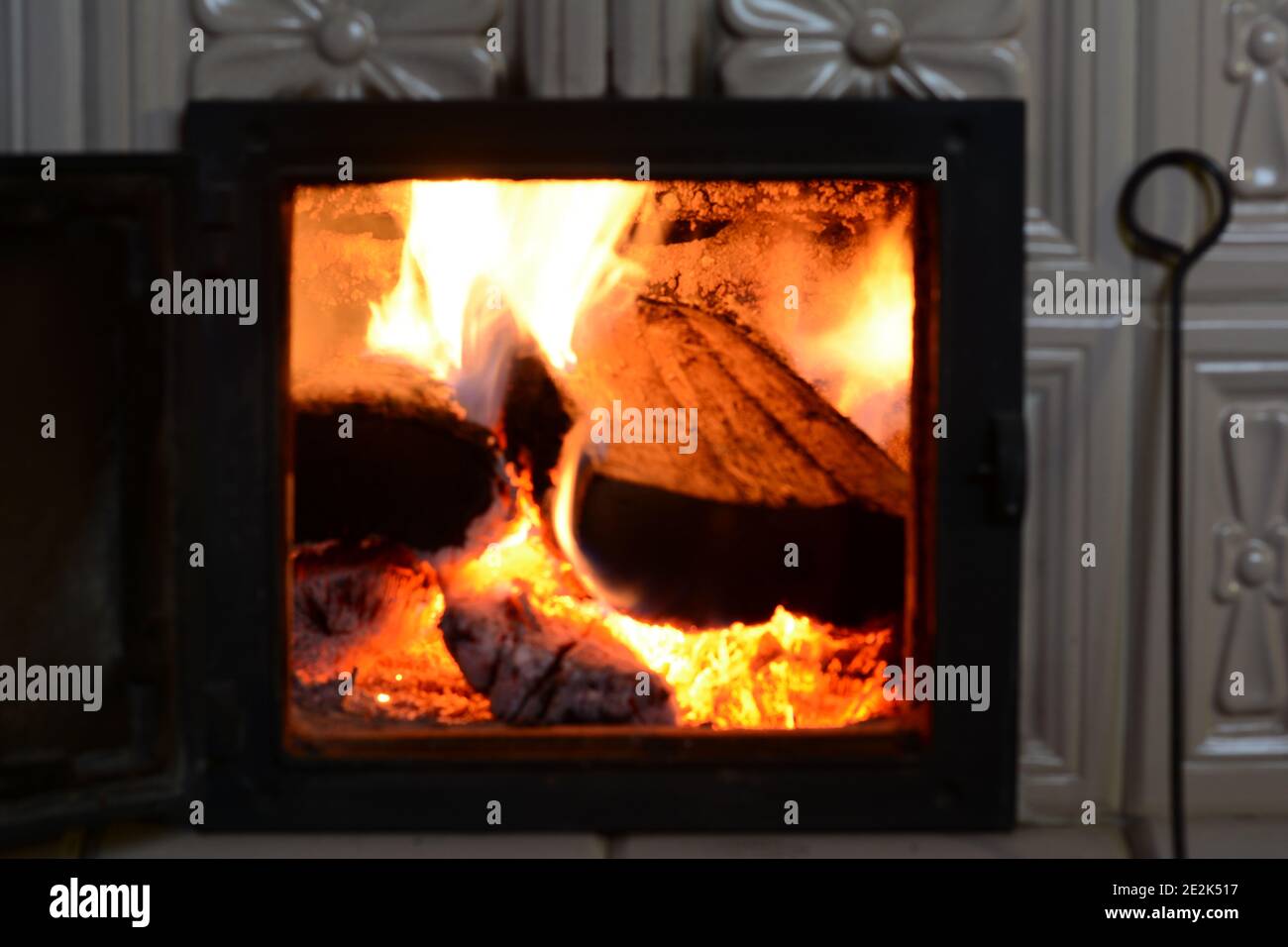 Beautiful flame fireplace. Wood burning bright flames in a fireplace ...