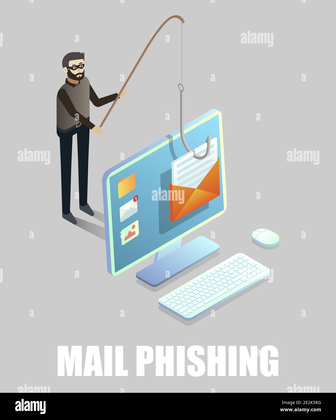 Isometric cyber thief stealing email message from computer using