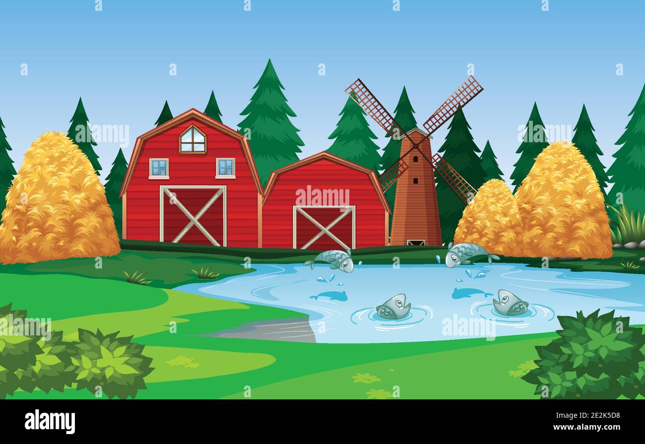 Farm with red barn and windmill scene illustration Stock Vector Image ...