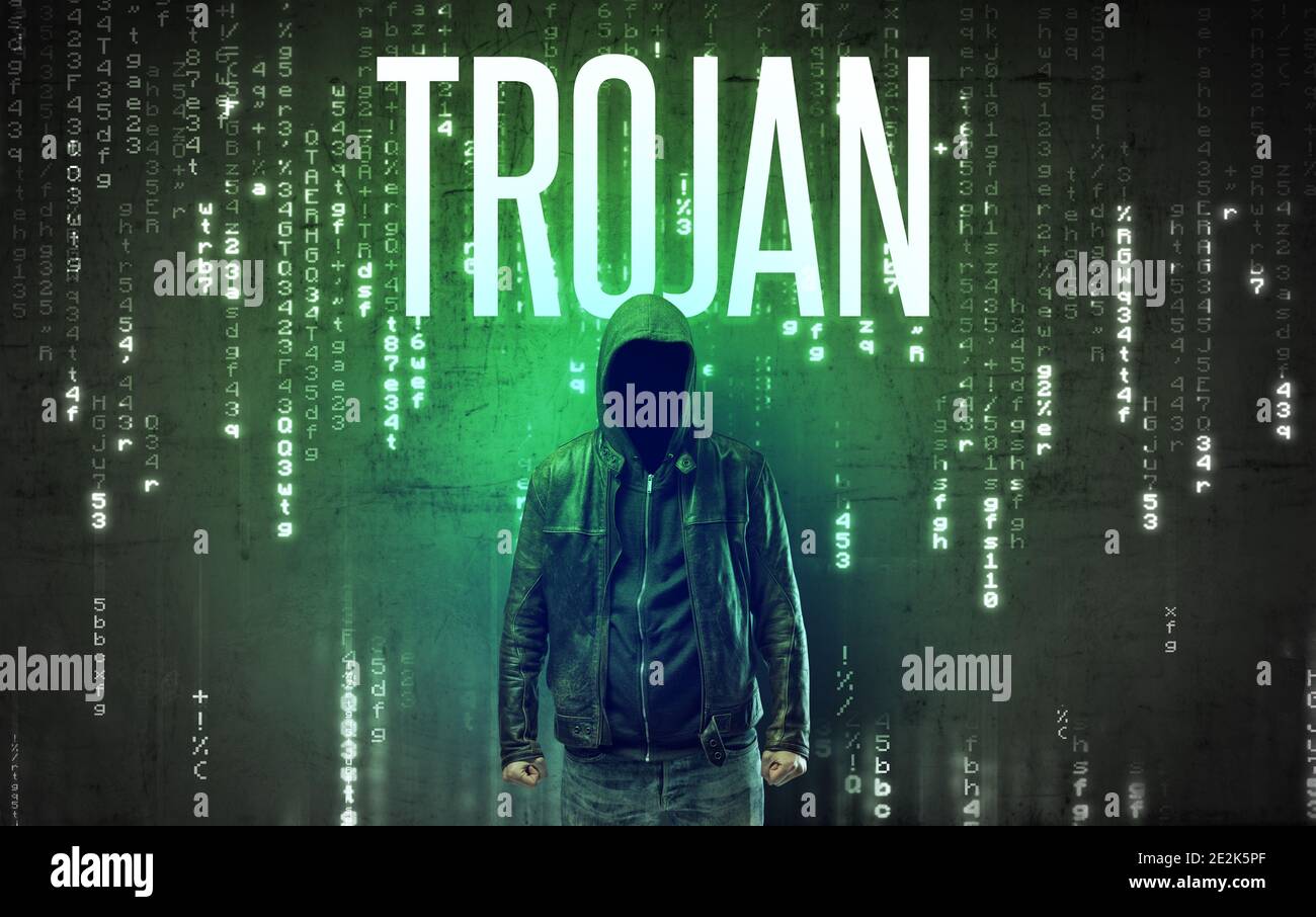 Faceless hacker with TROJAN inscription, hacking concept Stock Photo ...