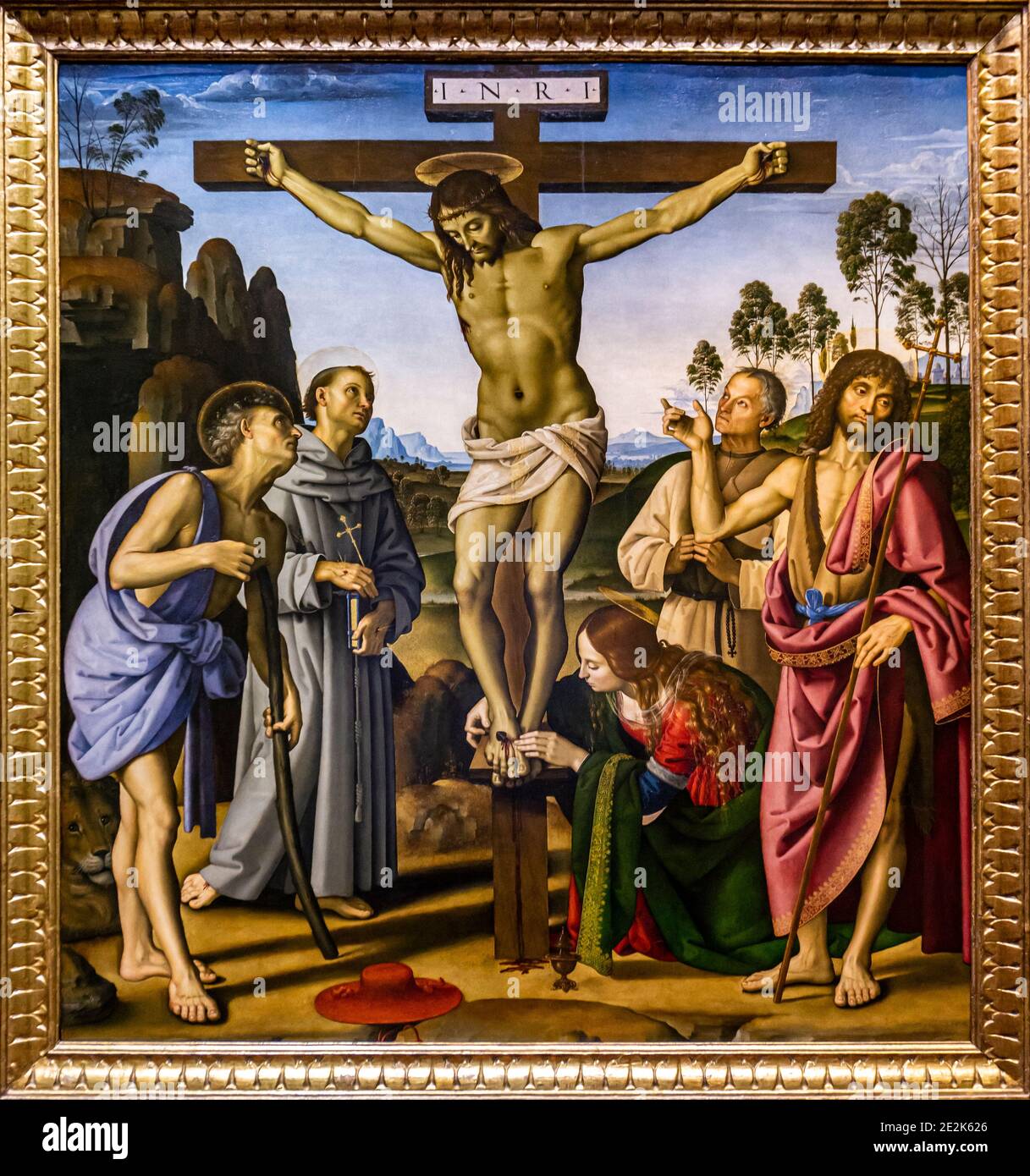 Painting Crucifixion by Perugino and Signorelli from 1483-1495 at Uffizi Gallery in Florence, Italy. Stock Photo