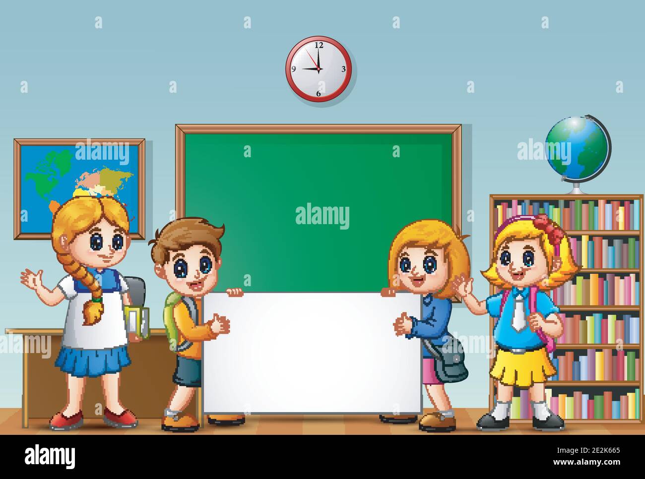 Cartoon school kids with blank sign in a classroom Stock Vector Image ...