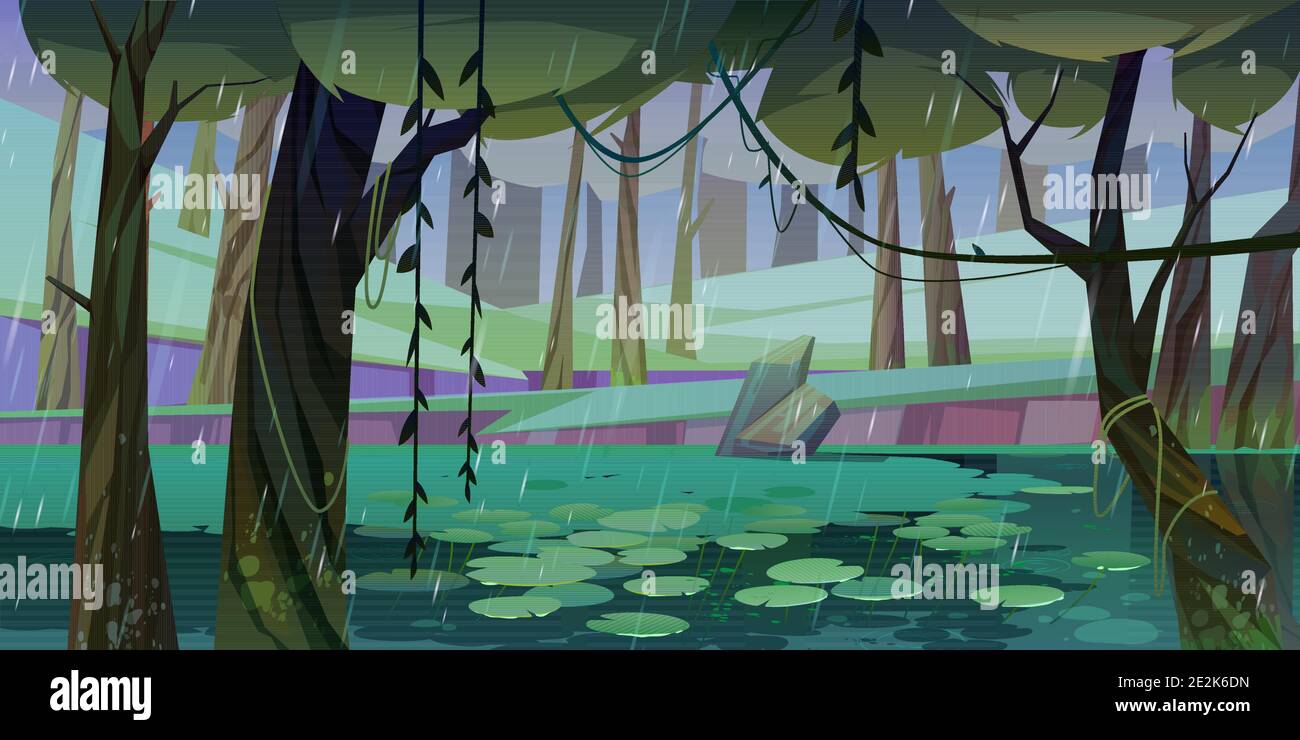 Rain in forest with swamp or lake and water lilies floating. Nature  landscape with marsh in
