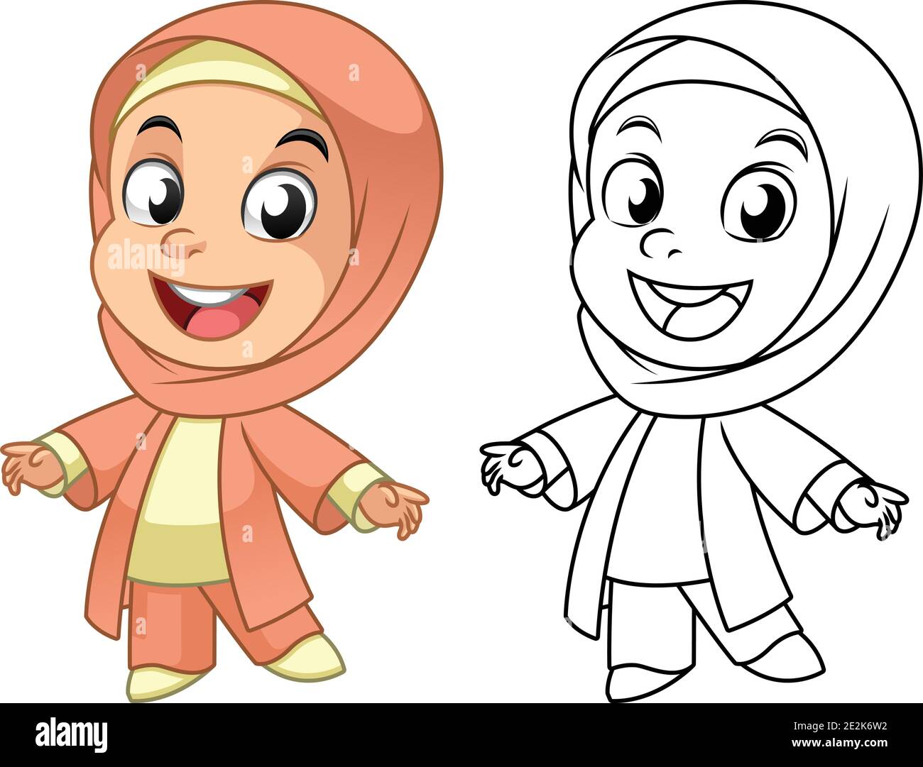 Cute Happy Muslim Girl Wearing Hijab with Line Art Drawing ...