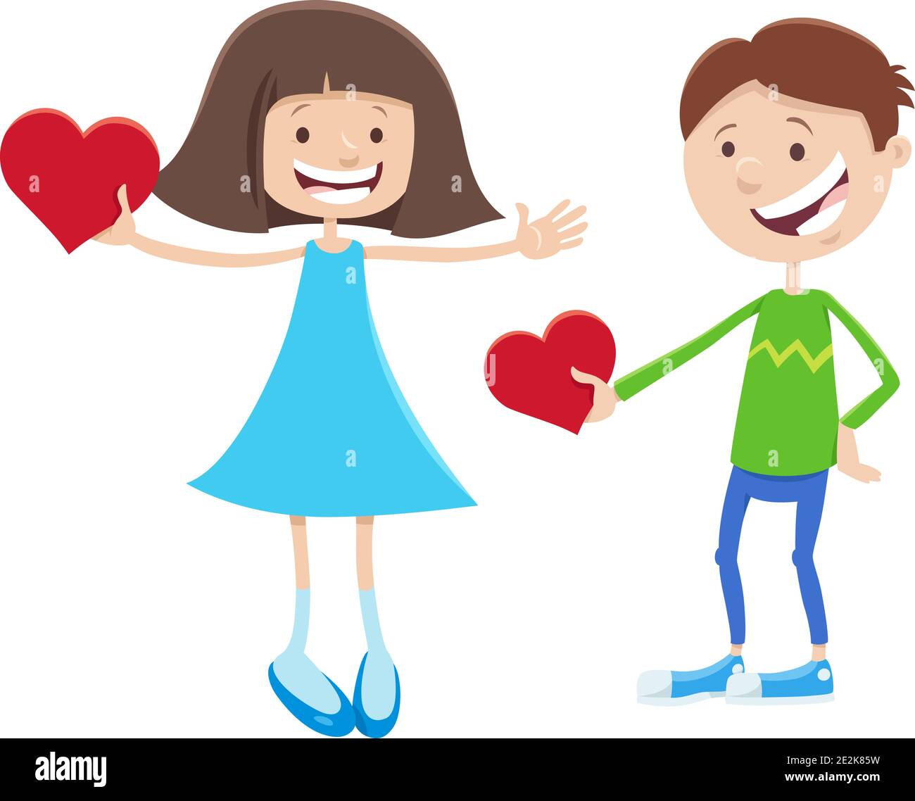 Greeting card cartoon illustration with girl and boy cute characters ...