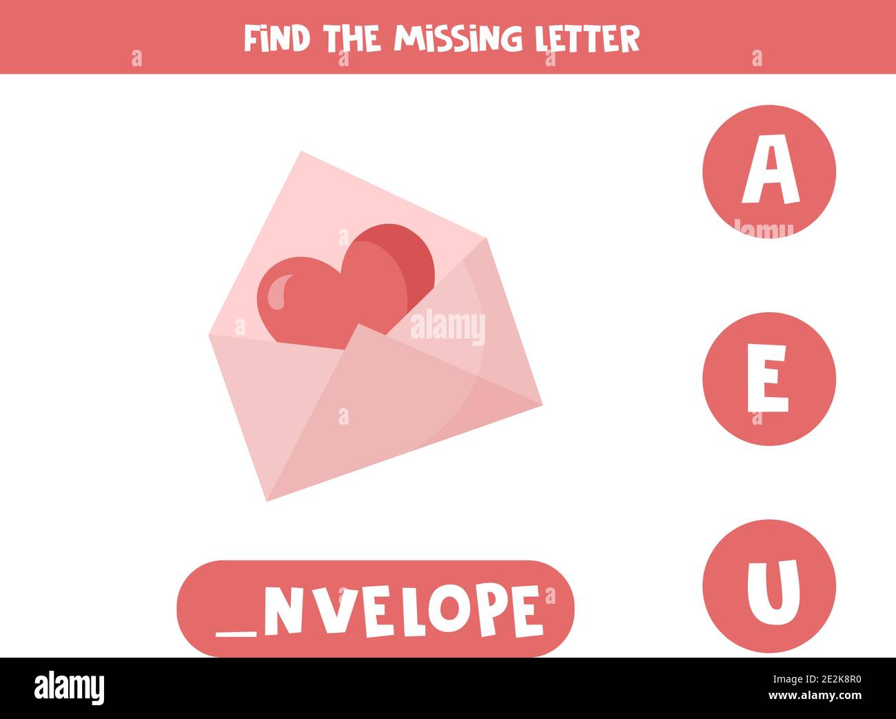 Find missing letter. Cute cartoon valentine envelope with heart ...
