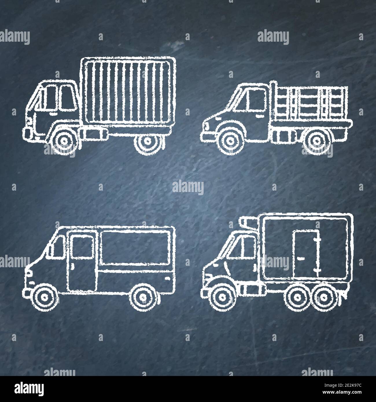 Set of truck icons sketches on chalkboard. Collection of cargo vehicle symbols drawings. Stock Vector