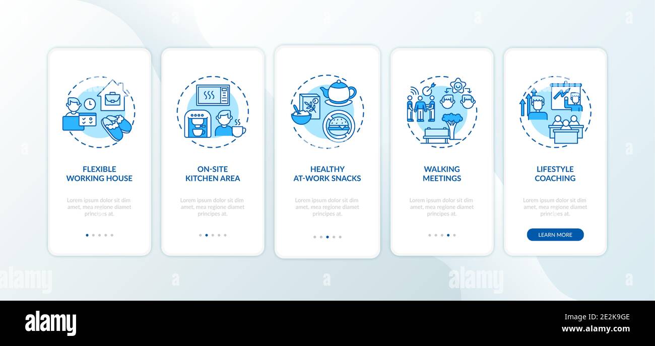 Workspace wellness examples onboarding mobile app page screen with concepts Stock Vector