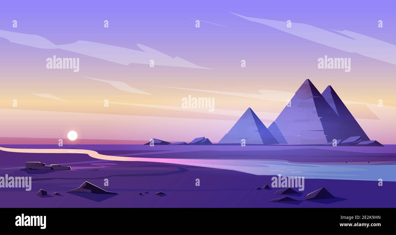 photo Plateau Cartoon Images https www alamy com egypt pyramids and nile river in dusk desert egyptian pharaoh tomb complex in giza plateau illuminated with sunset light under purple sky cartoon vector ancient famous touristic african landmark image397492417 html